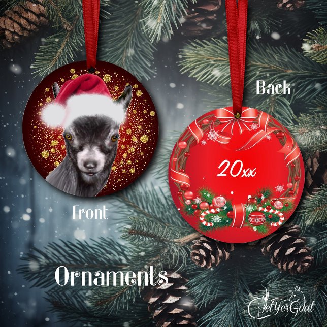 Sassy Pygmy Goat Santa Hat Christmas Ornament (Sassy little pygmy goat wearing her Santa hat  with gold snowflakes, dated on the back #zazzlemade )