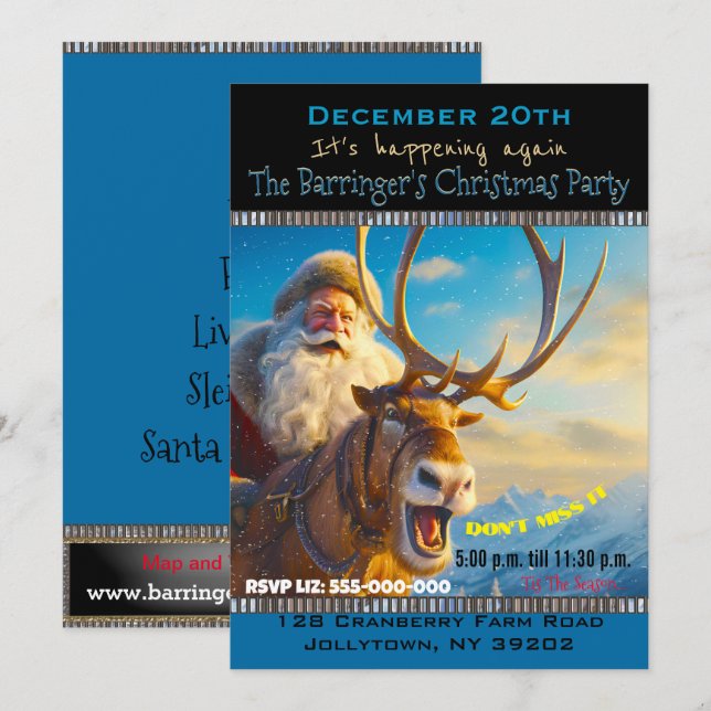 Sassy Santa & Reindeer Annual Christmas Party Invitation (Front/Back)