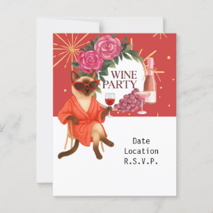 Sassy Siamese Cat drinking for Wine party invite Postcard