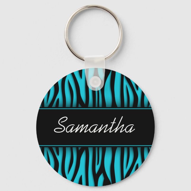Sassy Teal Blue Zebra Personalised Key Ring (Front)