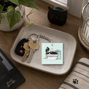 Sassy Tuxedo Cat Vintage Bowl Aqua Retro Kitchen Key Ring