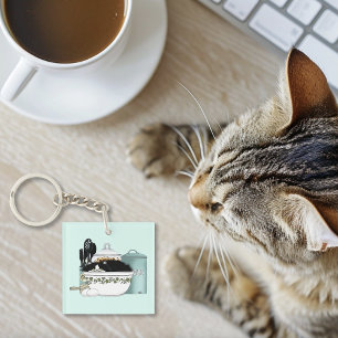 Sassy Tuxedo Cat Vintage Bowl Aqua Retro Kitchen  Key Ring