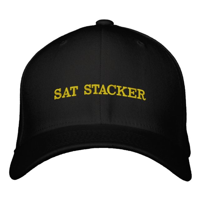 Sat Stacker Hodl Tight Bitcoin Crypto Yellow Text Embroidered Hat (Front)