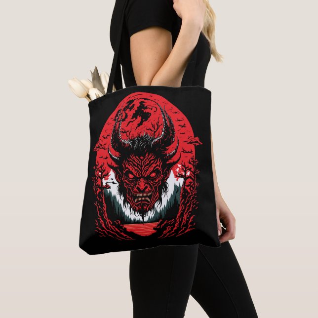 Satan Evil Face | Demon Head Graphic Design Tote Bag (Close Up)