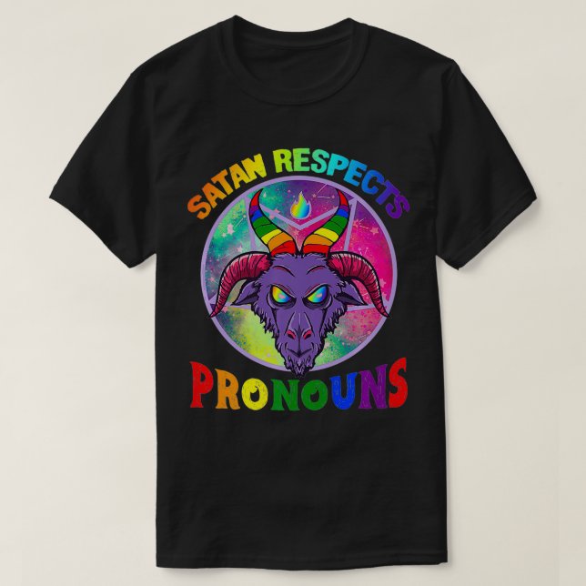 Satan Respects Pronouns LGBT Premium  T-Shirt (Design Front)
