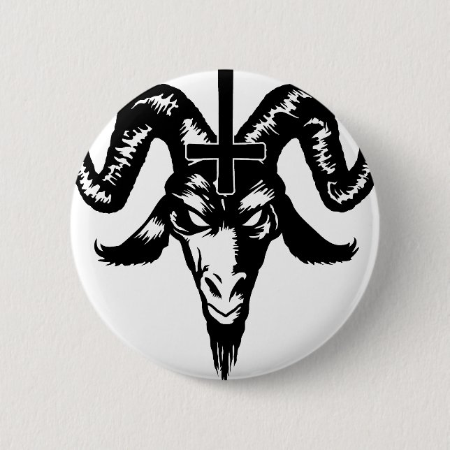 Satanic Goat Head with Cross (black) 6 Cm Round Badge (Front)