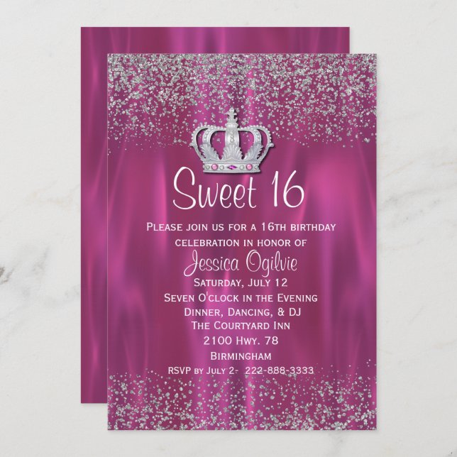 Satin and Glitter Look Sweet 16 Invitation (Front/Back)