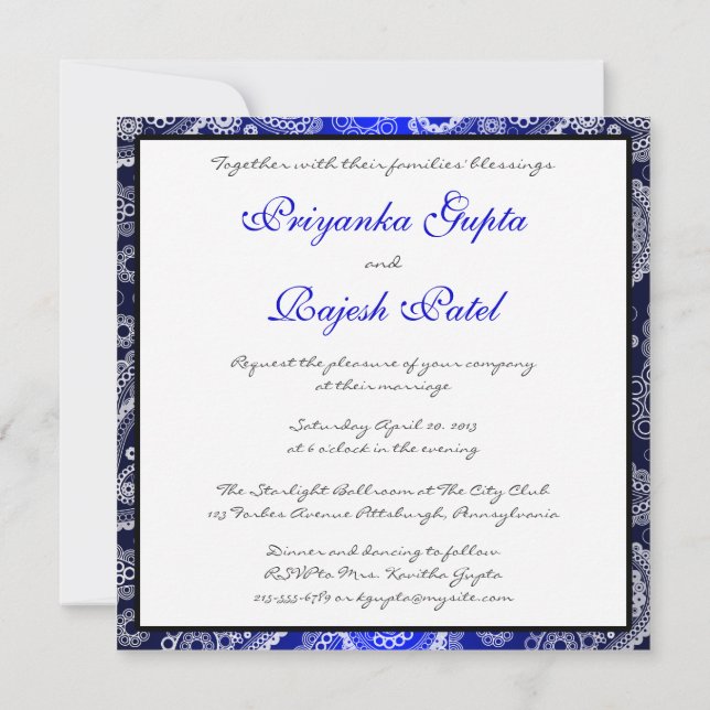 Satin Blue White Lace Paisley Wedding Invitation (Back)