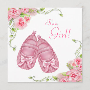 Satin Booties Pink Rose Baby Shower Invitation