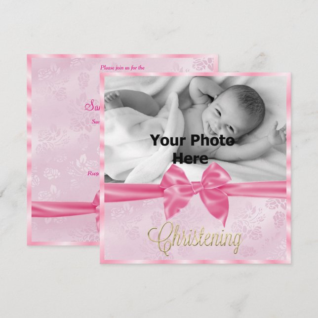 Satin Bow Photo Girl's Christening Invitation (Front/Back)
