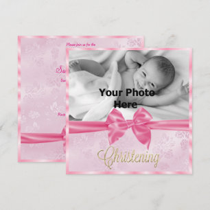 Satin Bow Photo Girl's Christening Invitation