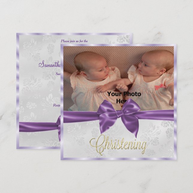 Satin Bow Photo twin Girl's  Christening Invitation (Front/Back)