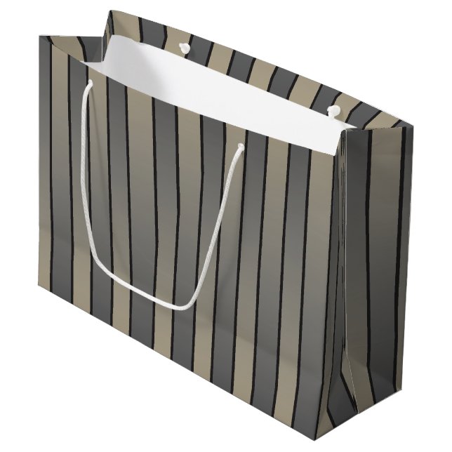 Satin Effect Stripes Pattern Black And Beige Large Gift Bag (Front Angled)