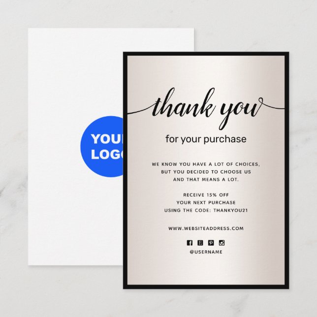 Satin Gold Thank you For your Purchase Note Card (Front/Back)