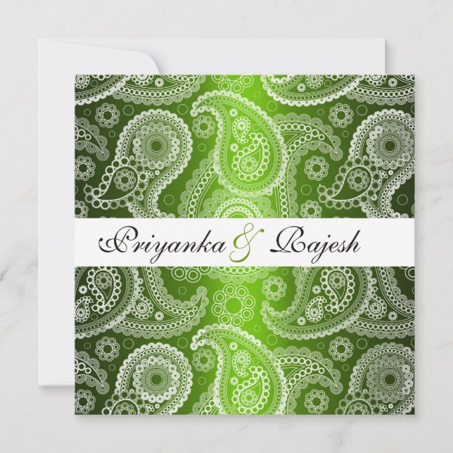 Satin Green White Lace Paisley Wedding Invitation (Front)
