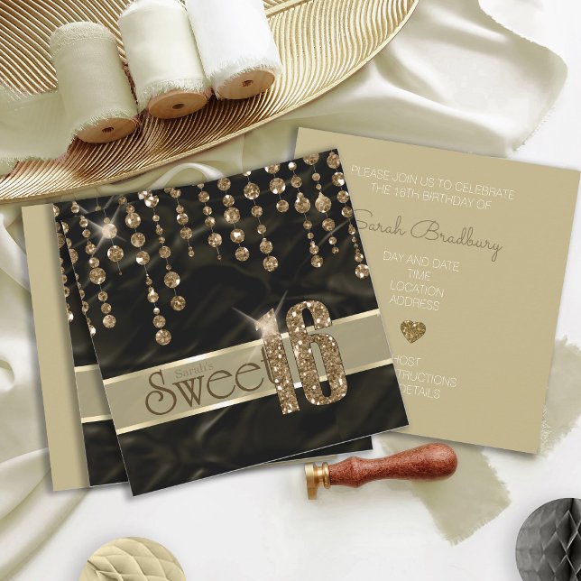Satin Jewel Sweet Sixteen Black Gold ID260 Invitation (Creator Uploaded)