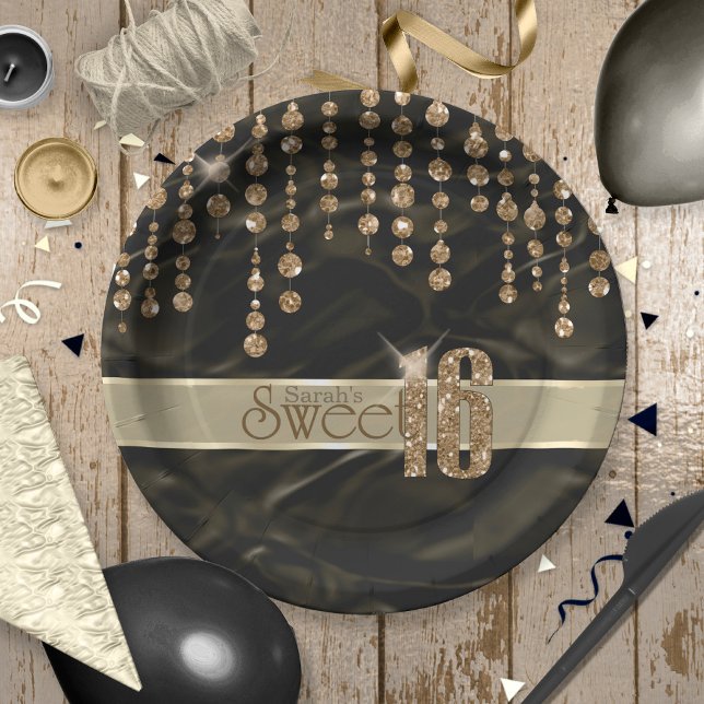 Satin Jewel Sweet Sixteen Black Gold ID260 Paper Plate (Creator Uploaded)