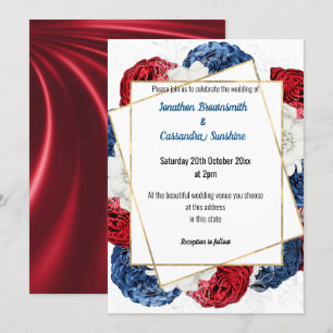 SATIN MODERN RED BLUE GREY FLORAL WEDDING WHITE INVITATION