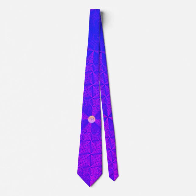 Satin purple blue pattern w monogram  tie (Front)