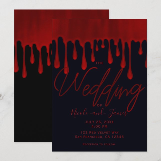 Satin Red Drips Dripping Blood Halloween Wedding I Invitation (Front/Back)