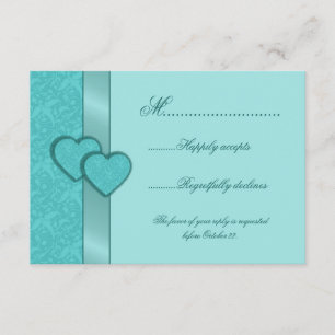 Satin Ribbon and Turquoise Damask Hearts RSVP Card