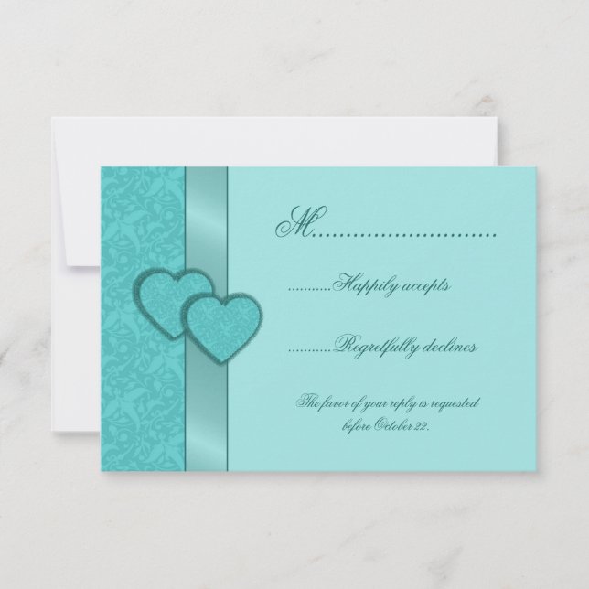 Satin Ribbon and Turquoise Damask Hearts RSVP Card (Front)
