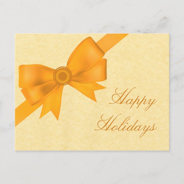 Satin Ribbon & Bow Christmas Postcard, Yellow Holiday Postcard (Front)