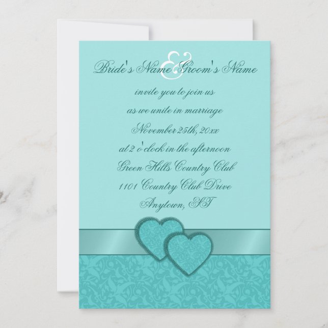 Satin Ribbon & Damask Hearts Wedding Invitation (Front)