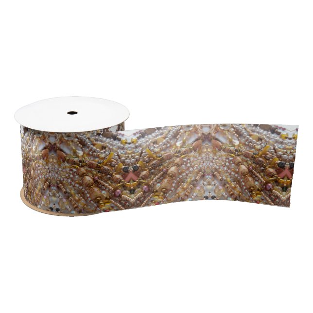 Satin Ribbon- Natural Earthtones Beads Print Satin Ribbon (Spool)