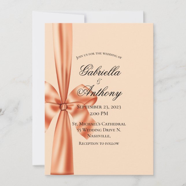 Satin Ribbon Peach Wedding Invitation  (Front)