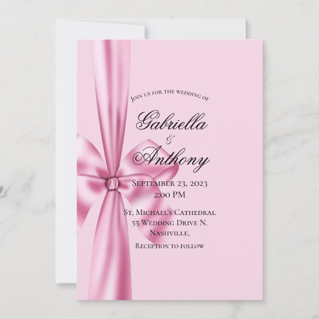 Satin Ribbon Pink Wedding Invitation  (Front)