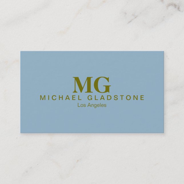 Satin Sheen Gold Monogram Cerulean Blue Background Business Card (Front)