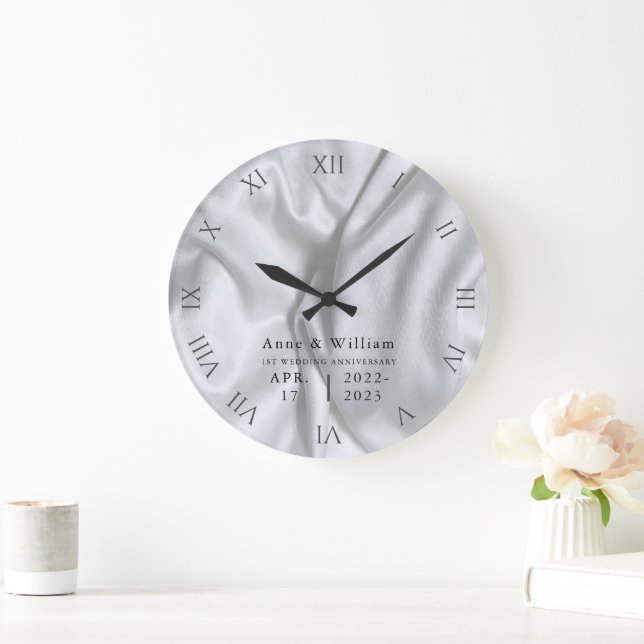 Satin Silver Elegant Wedding Anniversary Keepsake Large Clock (Home)