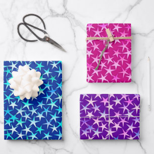 Satin Stars, Deep Blue, Fuchsia Pink and Purple  Wrapping Paper Sheet