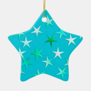 Satin stars, pale green and blue on turquoise ceramic tree decoration