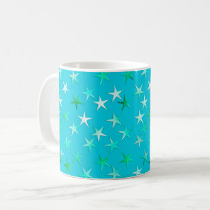 Satin stars, pale green and blue on turquoise coffee mug