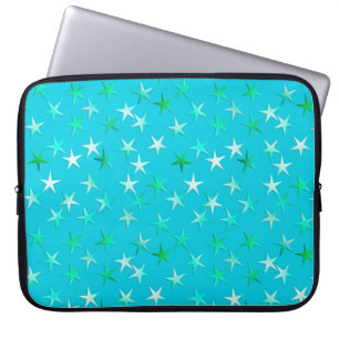 Satin stars, pale green and blue on turquoise laptop sleeve