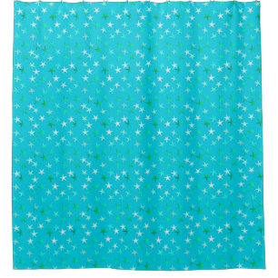 Satin stars, pale green and blue on turquoise shower curtain