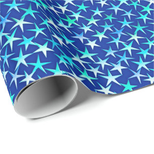 Satin Stars, Pastel Blue on Cobalt Blue Wrapping Paper