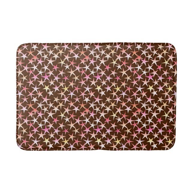 Satin stars, pink on chocolate bath mat (Front)