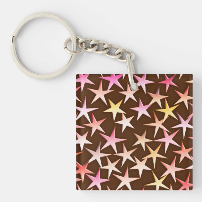 Satin stars, pink on chocolate key ring (Front)