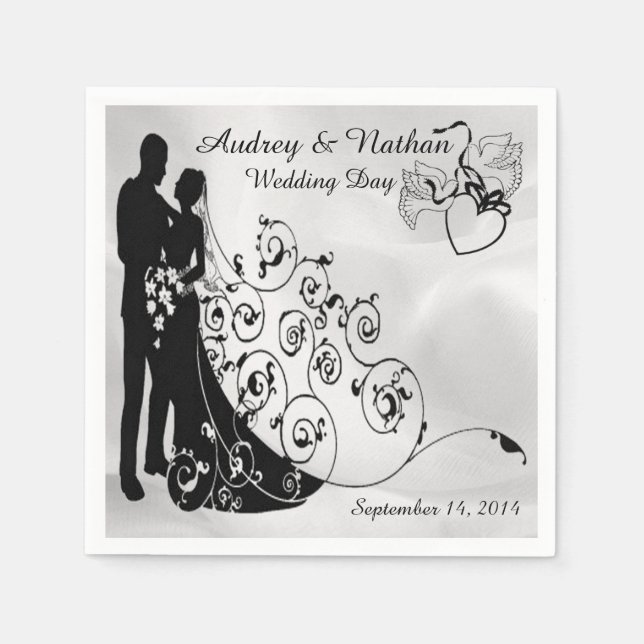 Satin Wedding Day Silhouettes Personalised Napkins (Front)