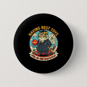 Satirical tiger with toys funny graphic retro 6 cm round badge
