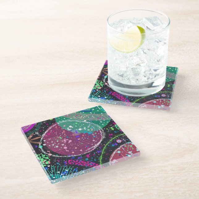 Saturn’s Rings: Maximalist Abstract Art  Glass Coaster (Angled)