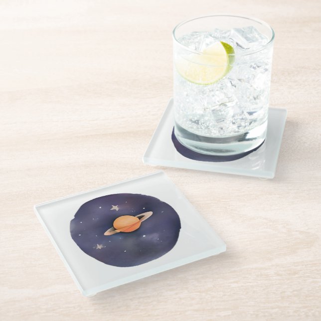 Saturn’s Serenade: Cosmic Watercolor Glass Coaster (Angled)