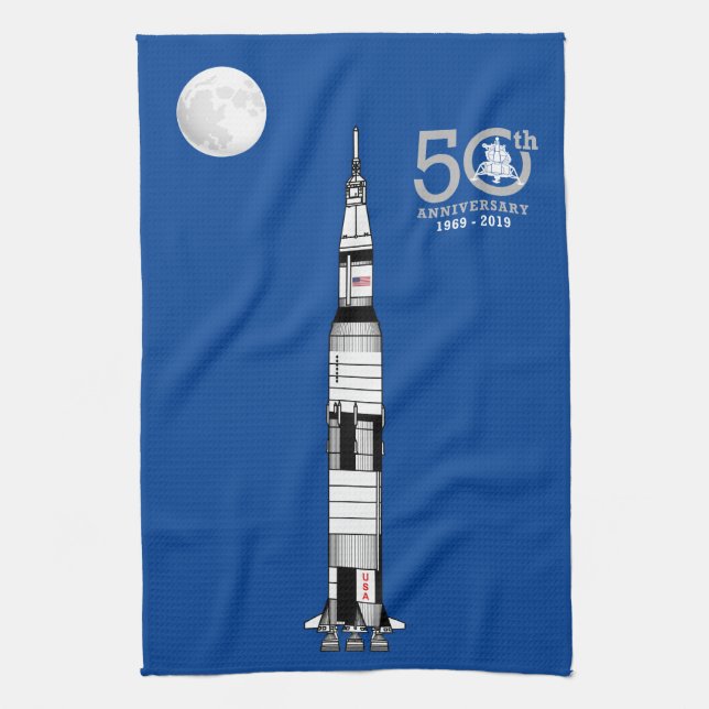 Saturn V rocket, Apollo 11 Moon Landing and Moon: Tea Towel (Vertical)