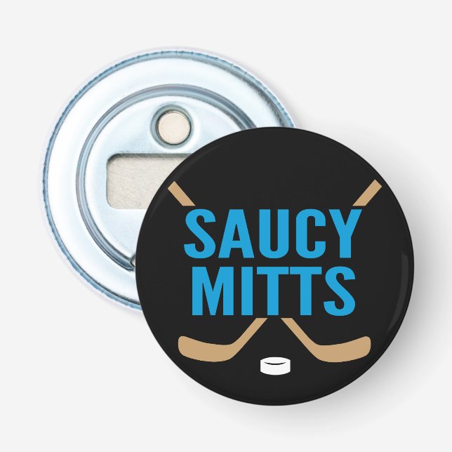 Saucy Mitts Hockey Cross Hockey Sticks Team Gift Bottle Opener (Front)