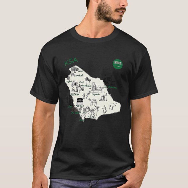 Saudi Arabia Map Hand Painted KSA Attractions Citi T-Shirt (Front)