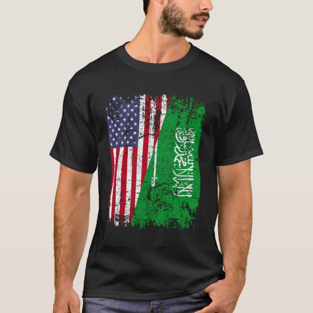 Saudi Arabian Roots Half American Flag Saudi Arabi T-Shirt (Front)