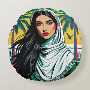 "Saudi Pop Queen – Bold Heritage Art for National Round Cushion